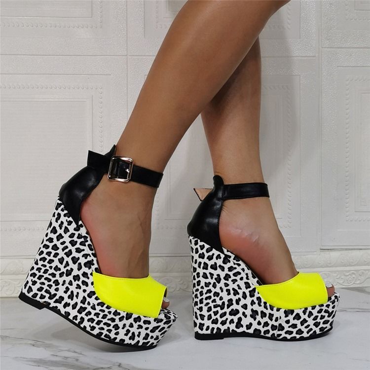 Cienkie Buty Damskie Na Koturnie Peep Toe Buckle Leopard