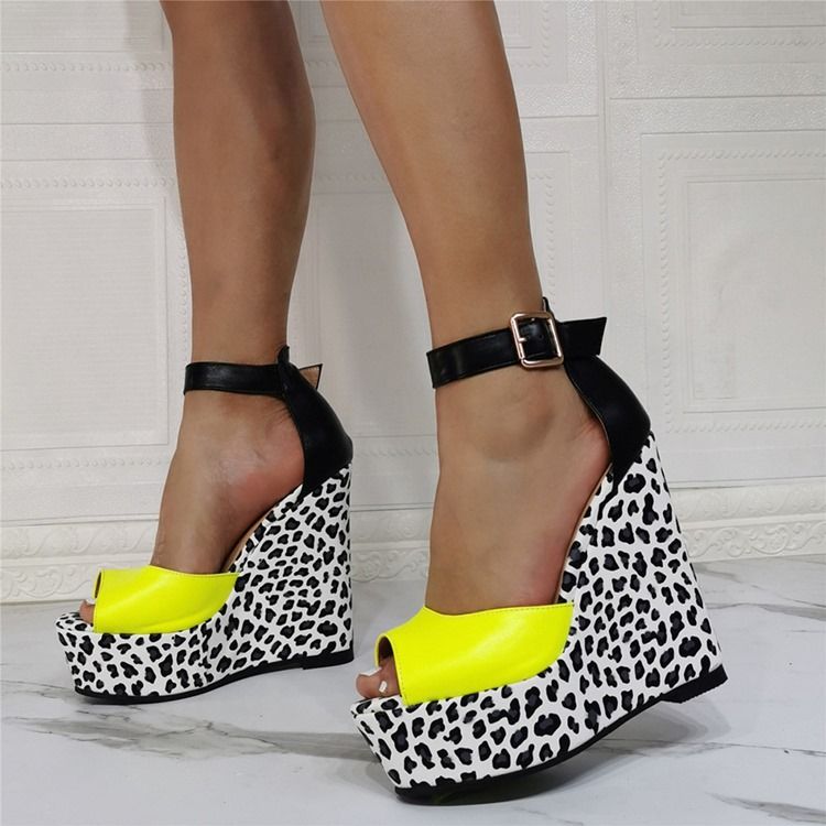 Cienkie Buty Damskie Na Koturnie Peep Toe Buckle Leopard