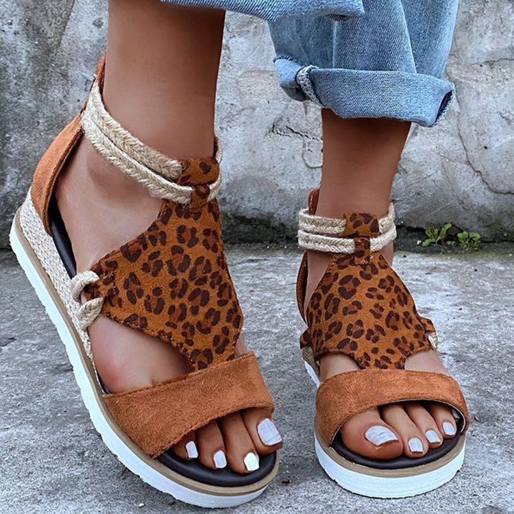 Kobiece Sandały Peep Toe Zipper Leopard