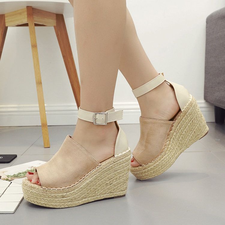 Kobieta Klamra Peep Toe Platforma Espadryle Sandały Klinowe