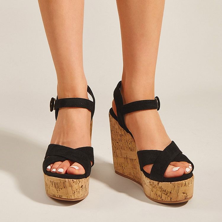 Okrągłe Toe Wedge Heel Buckle Low-cut Górne Sandały Damskie