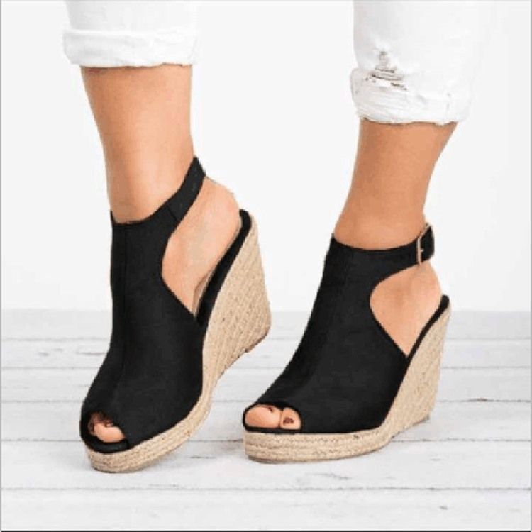 Pu Peep Toe Klamra Wedge Heel Sandały Damskie