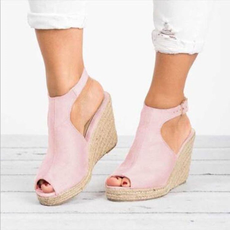 Pu Peep Toe Klamra Wedge Heel Sandały Damskie