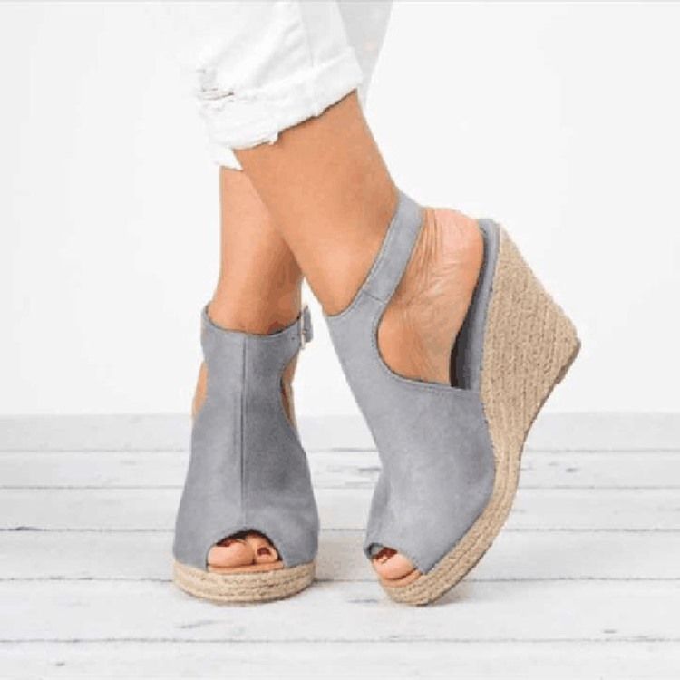 Pu Peep Toe Klamra Wedge Heel Sandały Damskie