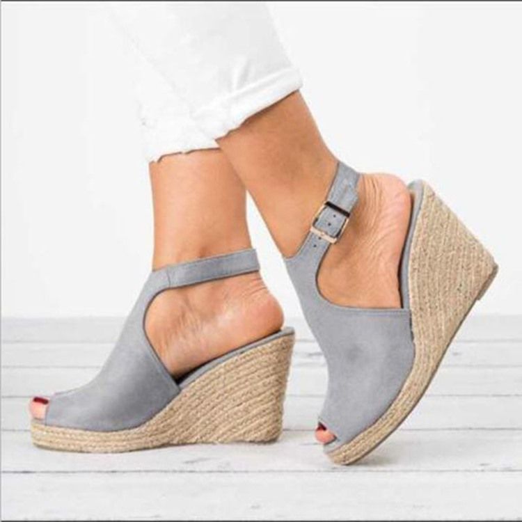 Pu Peep Toe Klamra Wedge Heel Sandały Damskie