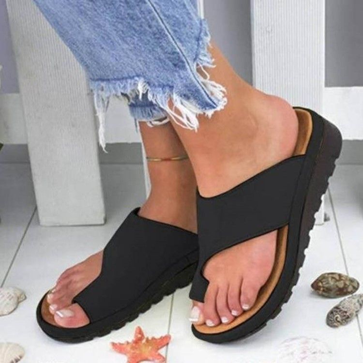 Pu Toe Ring Wedge Heel Płaskie Sandały Damskie