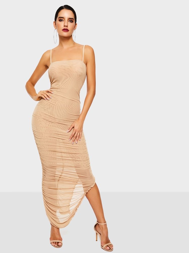 Bez Rękawów Rozcięta Do Połowy Łydki Gładka Damska Sukienka Typu Bodycon