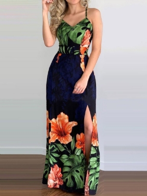 Damska Bez Rękawów Z Rozcięciem W Serek Bodycon Fashion Floral Bodycon Dress