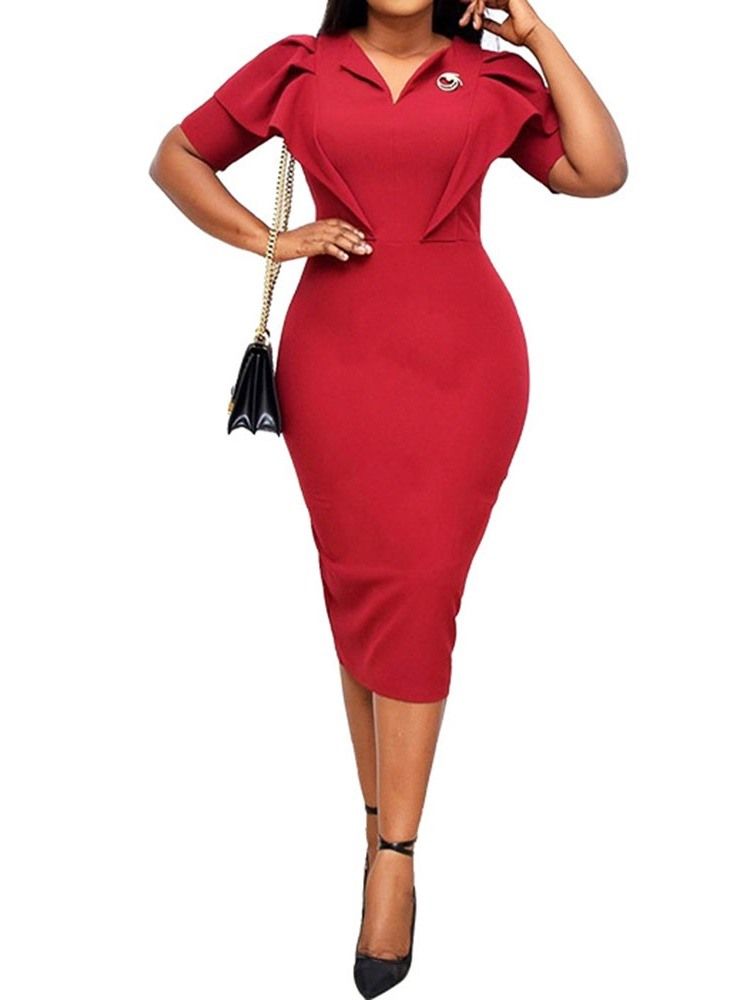 Damska Sukienka Do Połowy Łydki Z Krótkim Rękawem Z Dekoltem W Szpic Office Lady Pencil Bodycon Dress