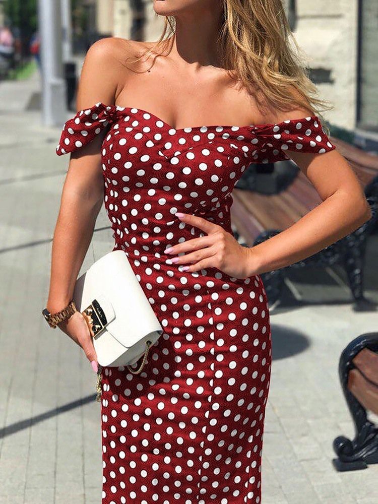 Damskie Sukienki Patchworkowe Z Krótkim Rękawem Do Połowy Łydki Sexy Polka Dots Bodycon Sukienki Body