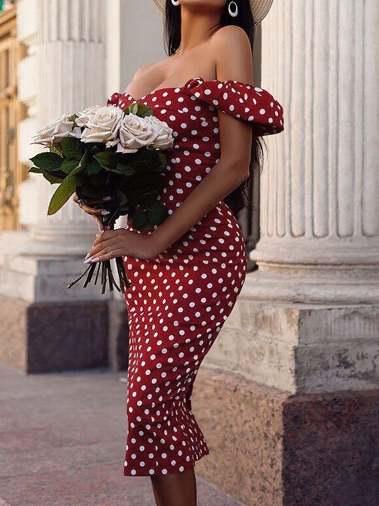 Damskie Sukienki Patchworkowe Z Krótkim Rękawem Do Połowy Łydki Sexy Polka Dots Bodycon Sukienki Body