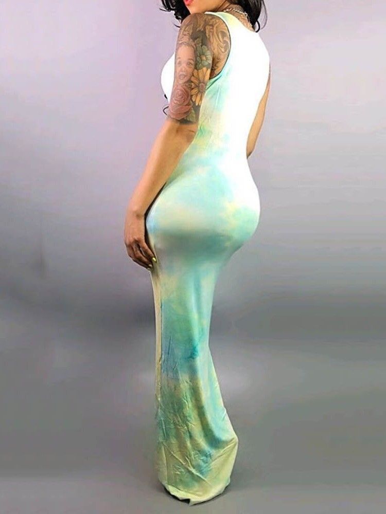 Kobieta Bez Rękawów Z Okrągłym Dekoltem Do Podłóg Bodycon W Kolorze Tie-dye