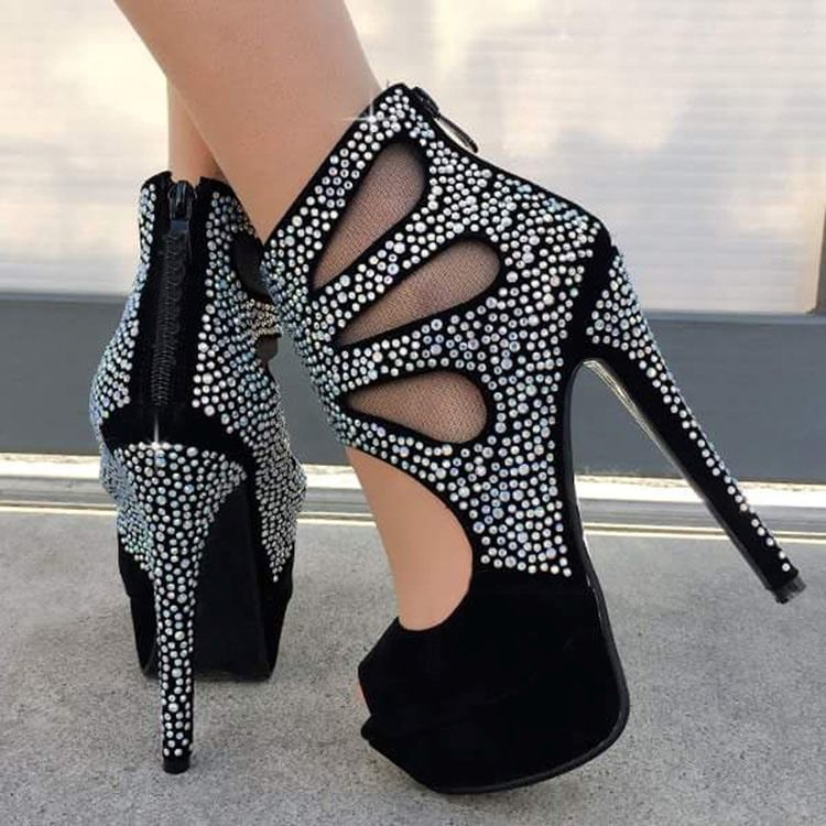 Sztuczny Zamsz Rhinestone Zipper Platforma Peep Toe Damskie Buty Na Studniówkę